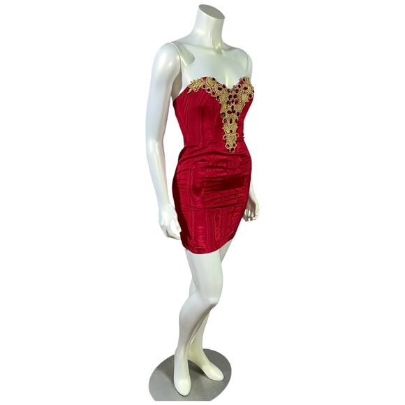 Jessica McClintock Gunne Sax Red Strapless Mini Dress with Gold Lace - Size 3/4 - Picture 16 of 16